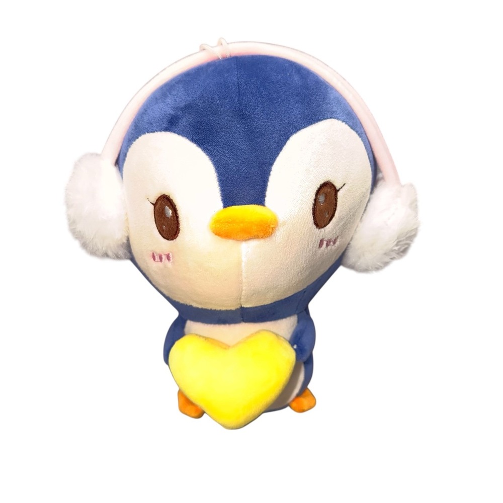 Blue Penguin Plush Stuffed Animal with Earmuffs and Yellow Heart 9 Inch